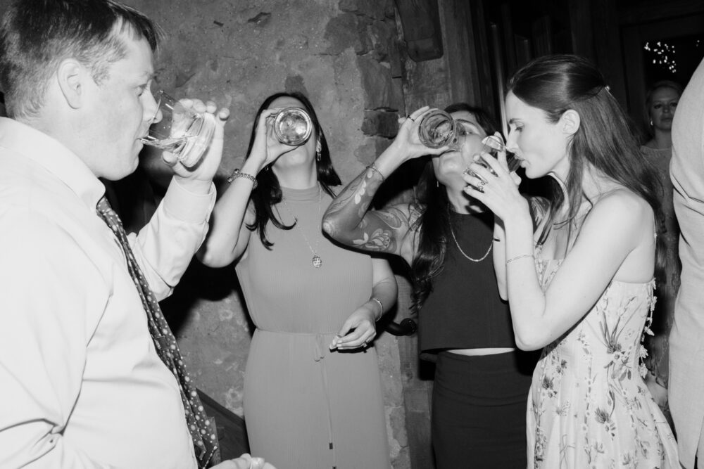 Group of friends raising glasses for a toast at a party by a brick wall in a dim venue mid conversation and smiles visible