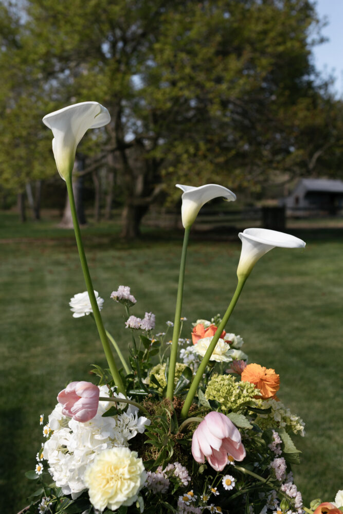 Bouquet with tall white calla lilies and colorful flowers arranged outdoors in a grassy setting